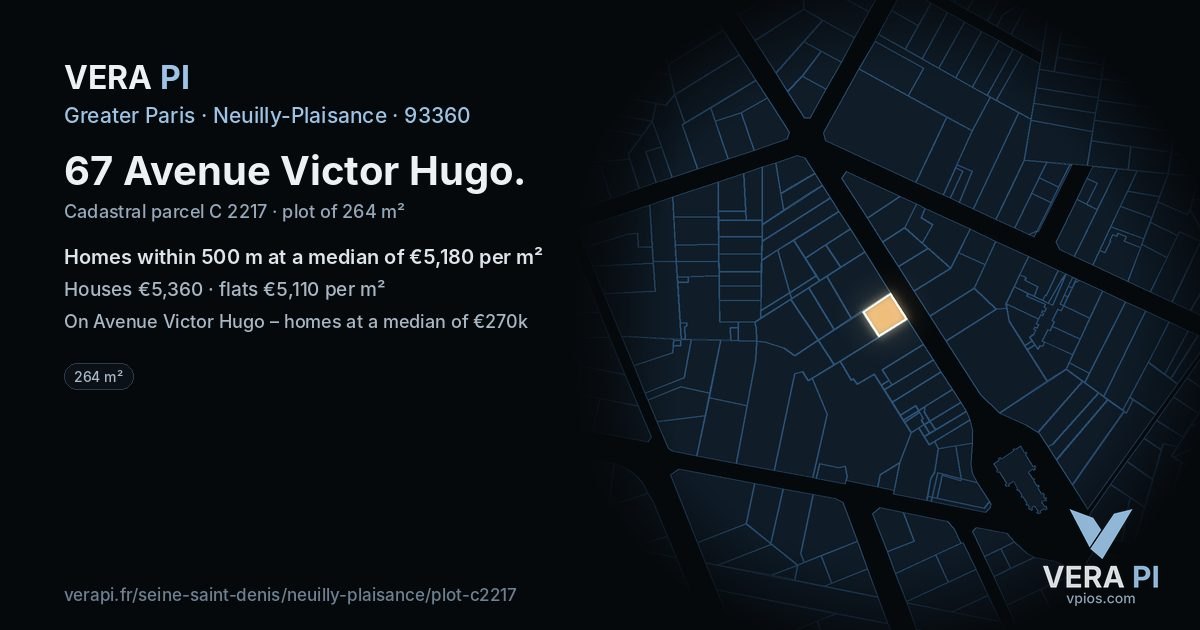 67 Avenue Victor Hugo, Neuilly-Plaisance at night – the plot lit, the parcels around coloured by the prices near them