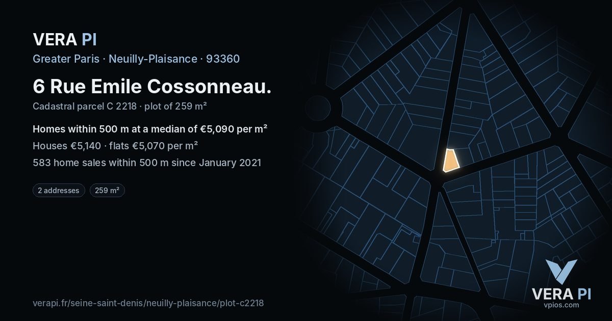 6 Rue Emile Cossonneau, Neuilly-Plaisance at night – the plot lit, the parcels around coloured by the prices near them