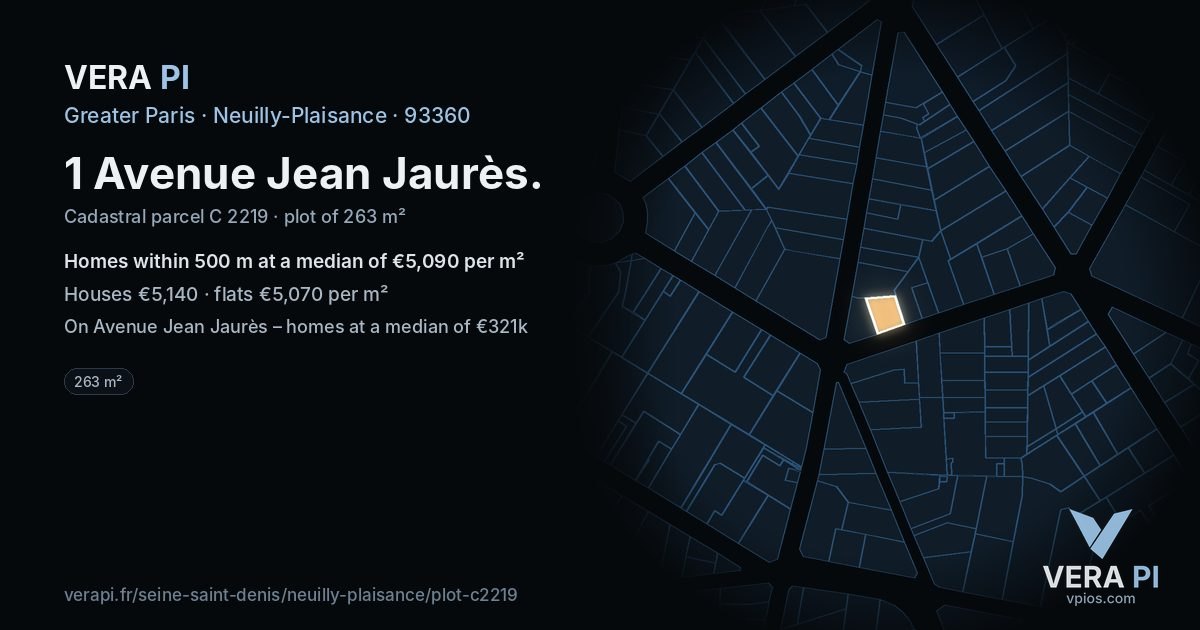 1 Avenue Jean Jaurès, Neuilly-Plaisance at night – the plot lit, the parcels around coloured by the prices near them