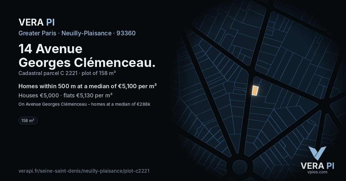 14 Avenue Georges Clémenceau, Neuilly-Plaisance at night – the plot lit, the parcels around coloured by the prices near them