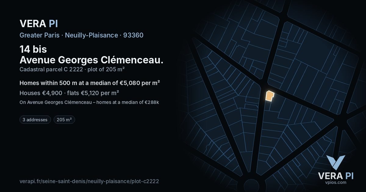 14 bis Avenue Georges Clémenceau, Neuilly-Plaisance at night – the plot lit, the parcels around coloured by the prices near them
