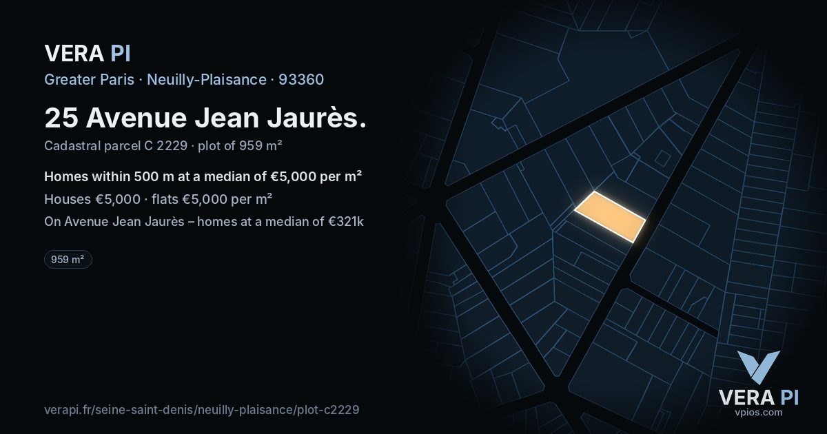 25 Avenue Jean Jaurès, Neuilly-Plaisance at night – the plot lit, the parcels around coloured by the prices near them