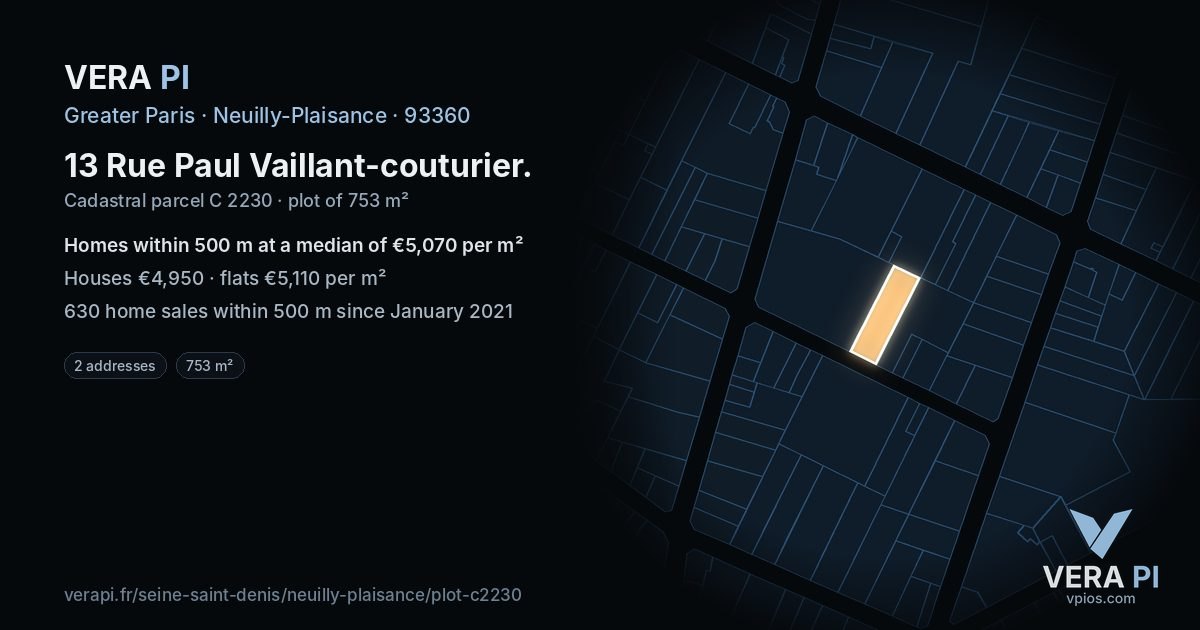 13 Rue Paul Vaillant-couturier, Neuilly-Plaisance at night – the plot lit, the parcels around coloured by the prices near them