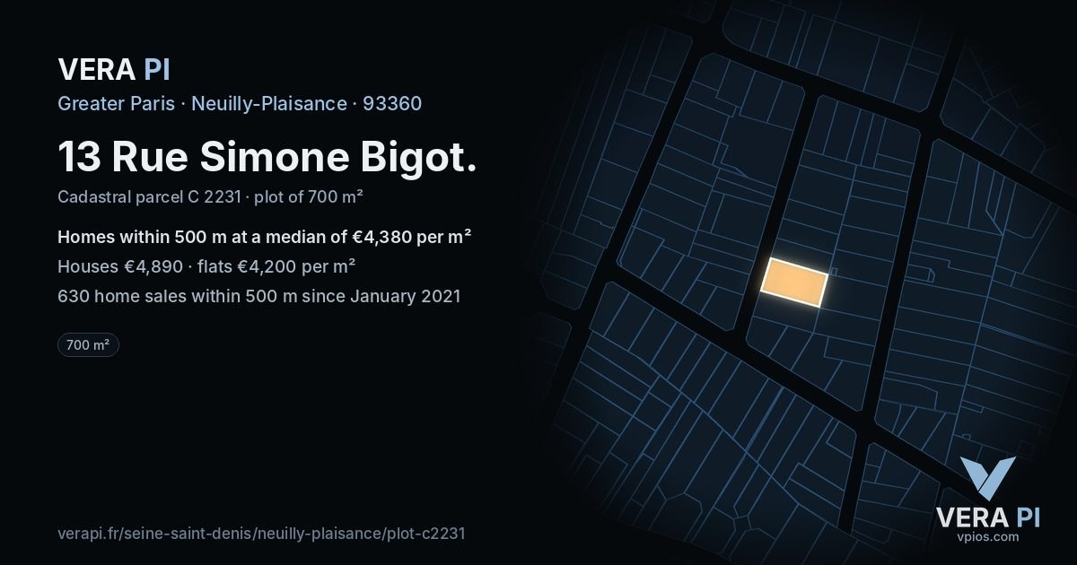 13 Rue Simone Bigot, Neuilly-Plaisance at night – the plot lit, the parcels around coloured by the prices near them