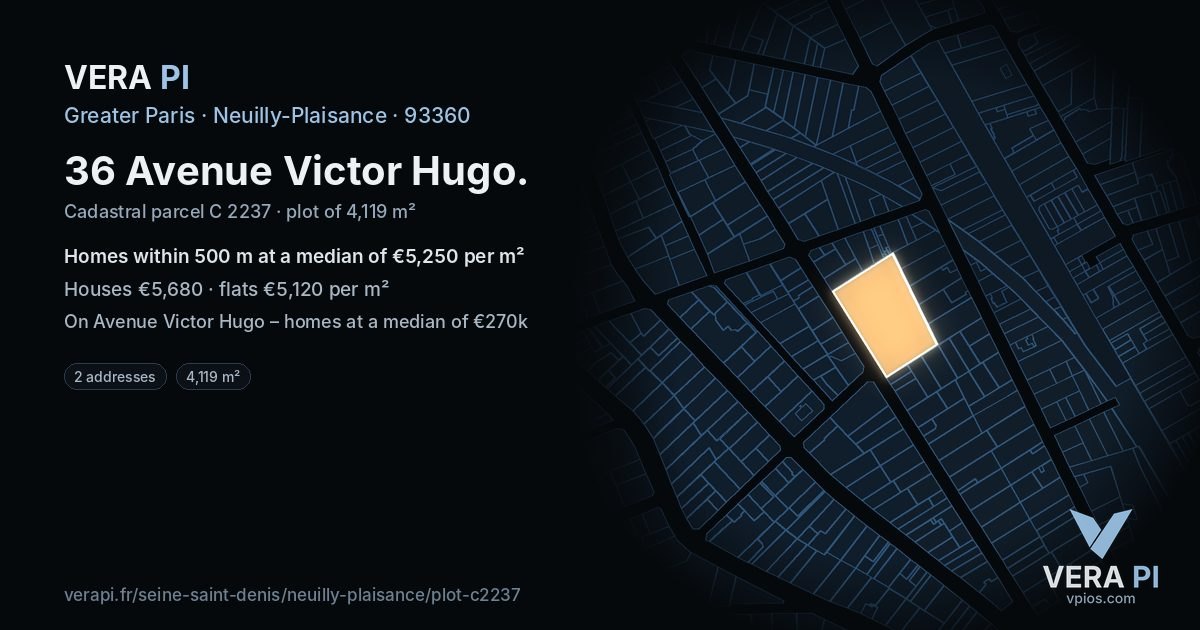 36 Avenue Victor Hugo, Neuilly-Plaisance at night – the plot lit, the parcels around coloured by the prices near them