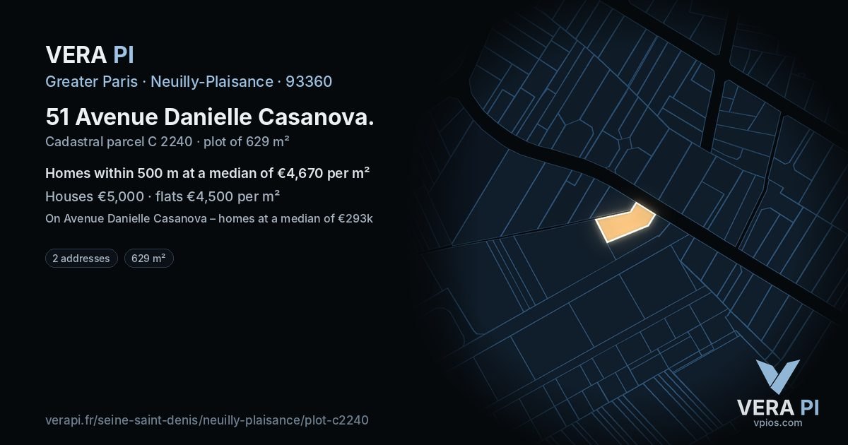 51 Avenue Danielle Casanova, Neuilly-Plaisance at night – the plot lit, the parcels around coloured by the prices near them
