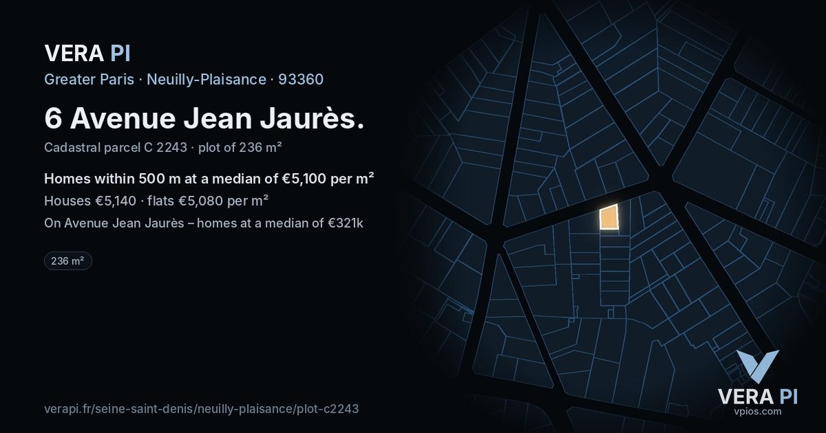 6 Avenue Jean Jaurès, Neuilly-Plaisance at night – the plot lit, the parcels around coloured by the prices near them
