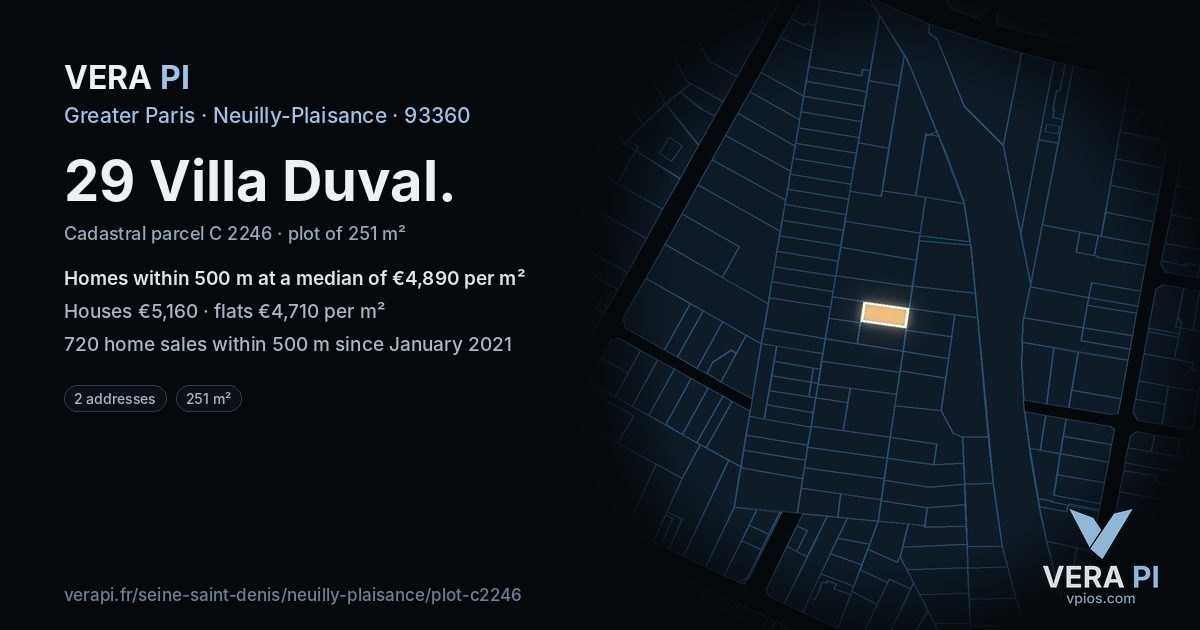 29 Villa Duval, Neuilly-Plaisance at night – the plot lit, the parcels around coloured by the prices near them