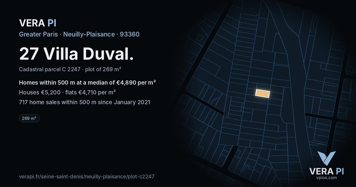 27 Villa Duval, Neuilly-Plaisance at night – the plot lit, the parcels around coloured by the prices near them