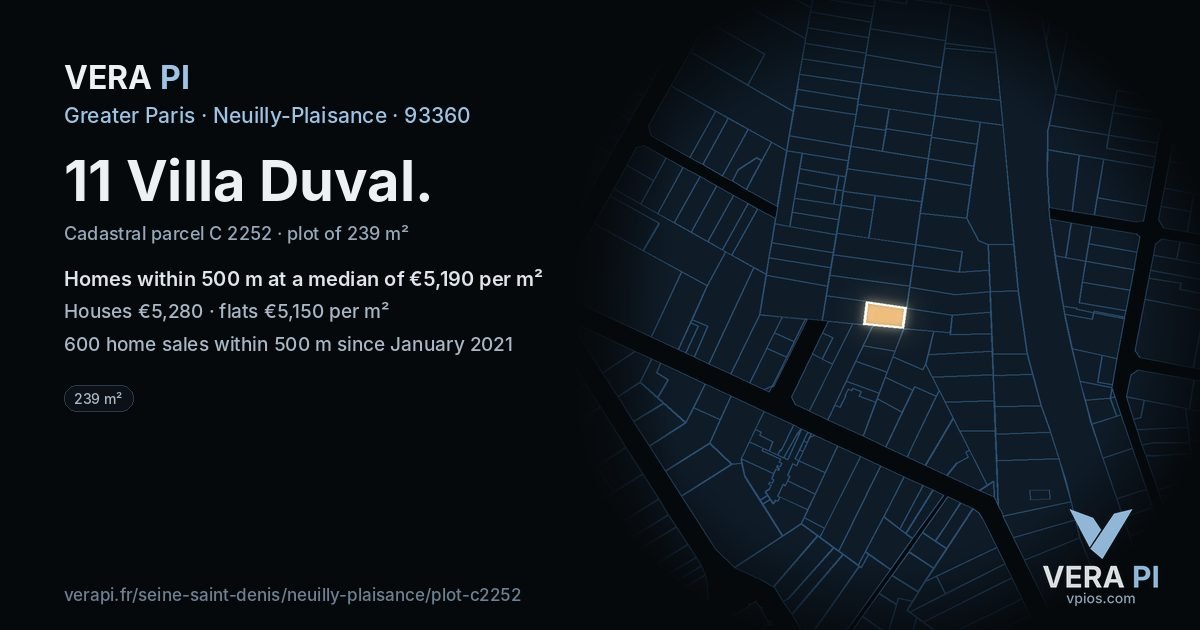 11 Villa Duval, Neuilly-Plaisance at night – the plot lit, the parcels around coloured by the prices near them