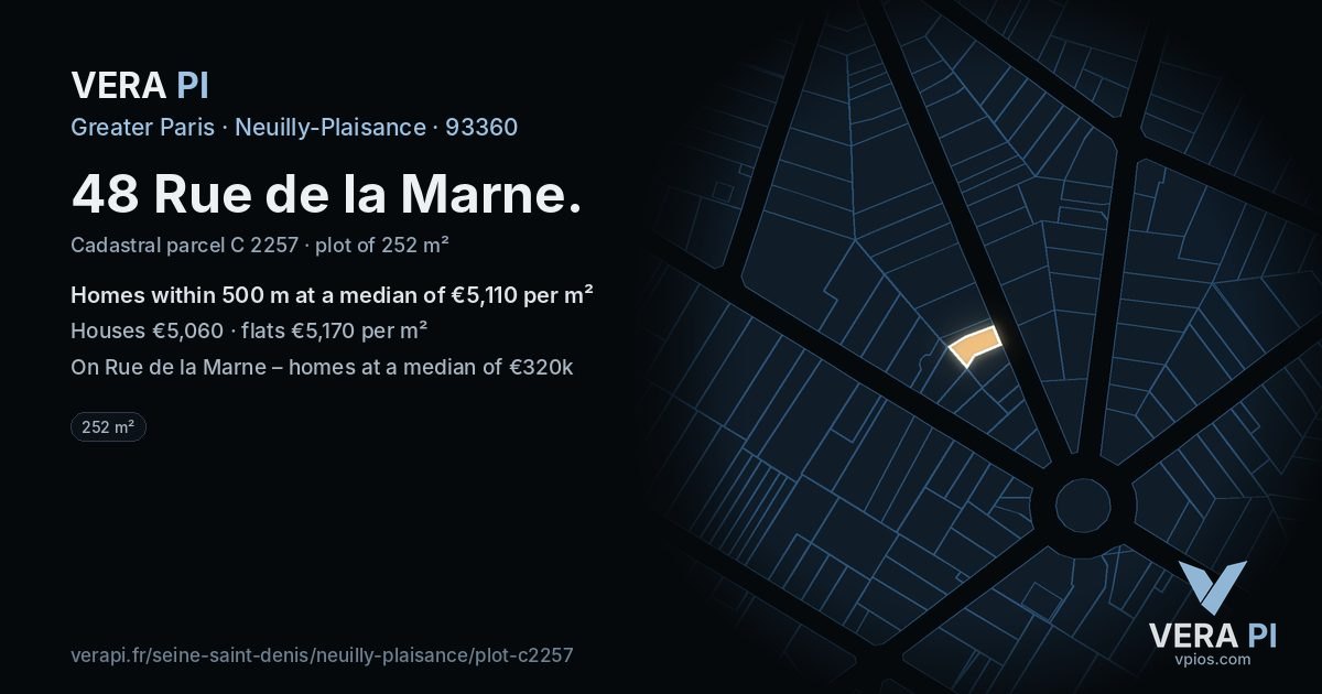 48 Rue de la Marne, Neuilly-Plaisance at night – the plot lit, the parcels around coloured by the prices near them