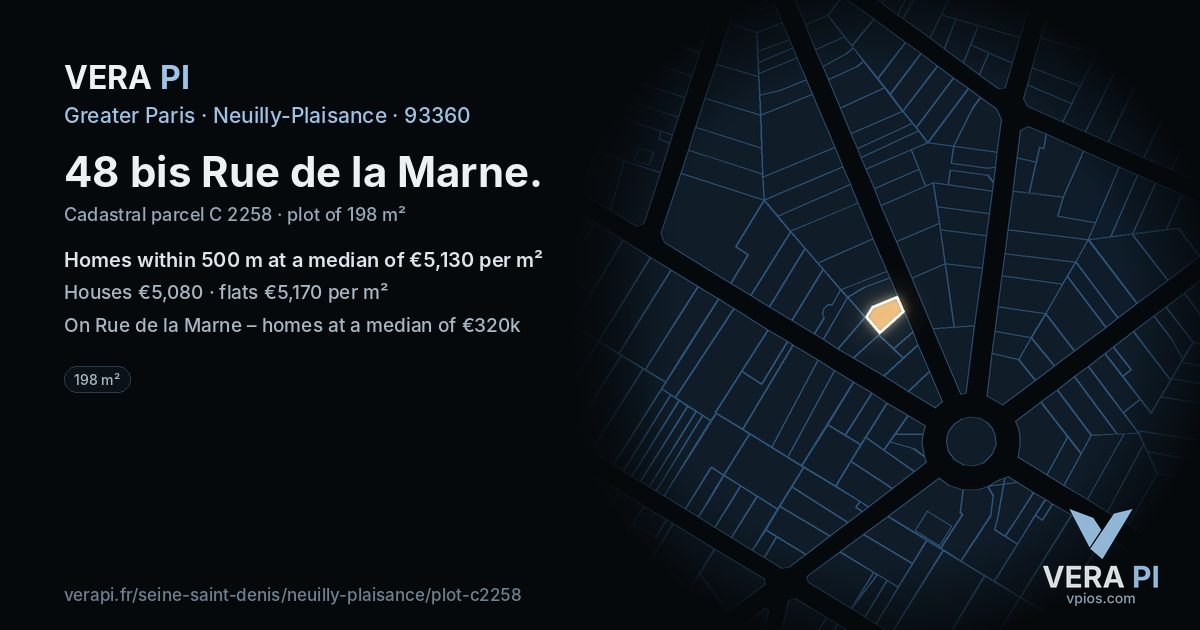 48 bis Rue de la Marne, Neuilly-Plaisance at night – the plot lit, the parcels around coloured by the prices near them