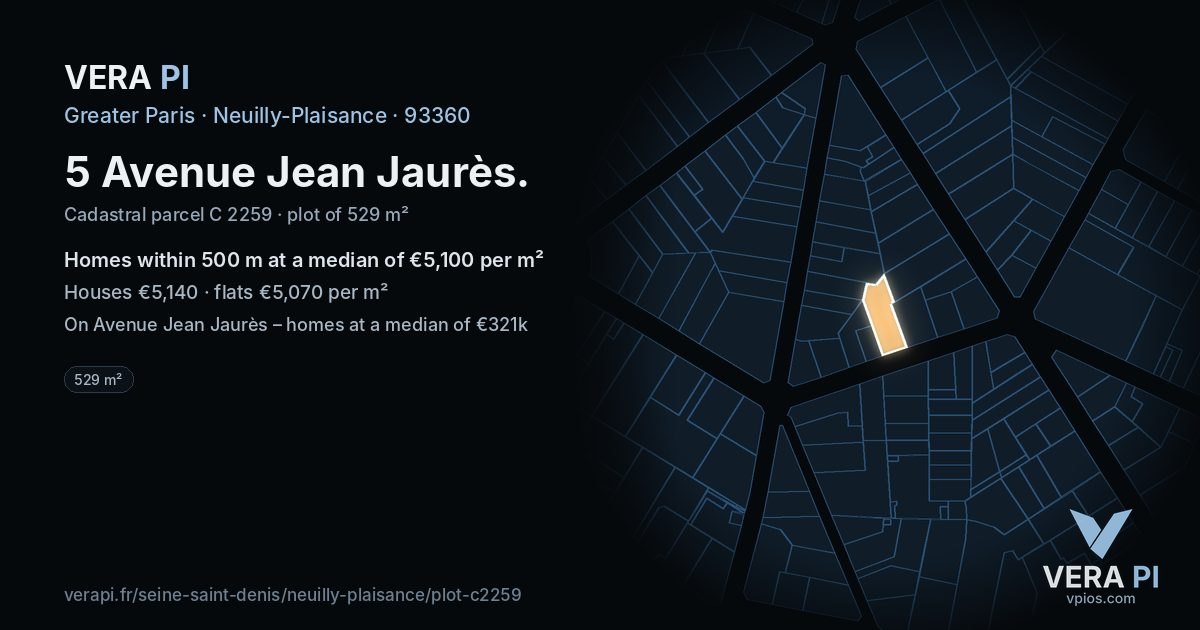 5 Avenue Jean Jaurès, Neuilly-Plaisance at night – the plot lit, the parcels around coloured by the prices near them
