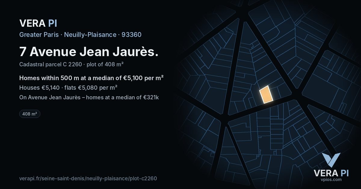 7 Avenue Jean Jaurès, Neuilly-Plaisance at night – the plot lit, the parcels around coloured by the prices near them