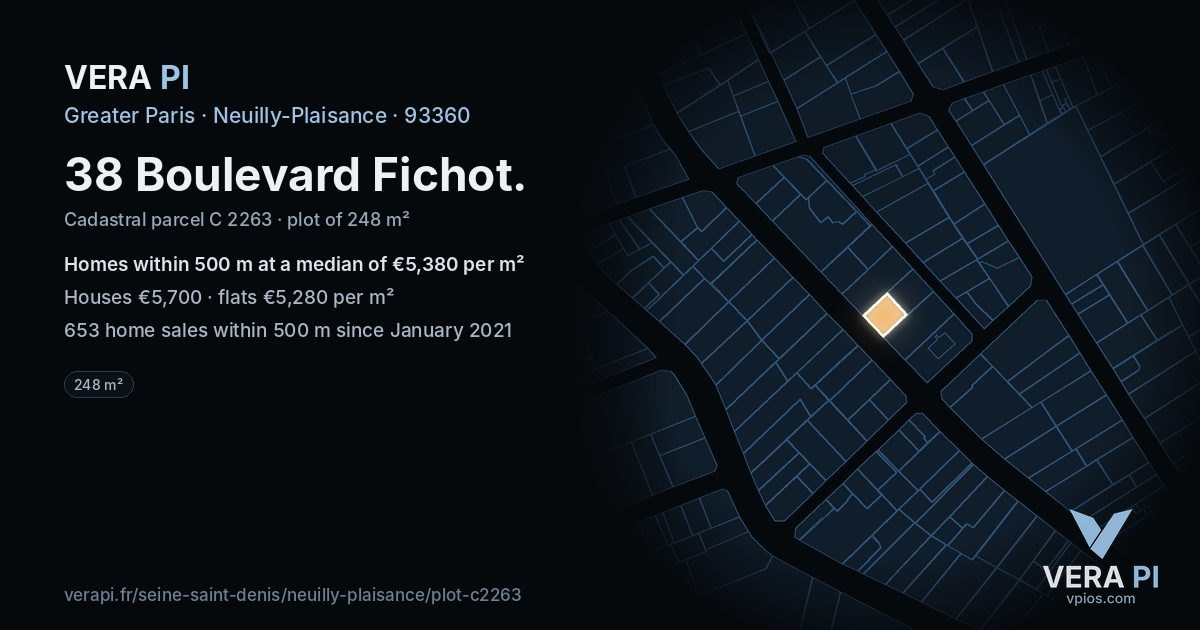 38 Boulevard Fichot, Neuilly-Plaisance at night – the plot lit, the parcels around coloured by the prices near them