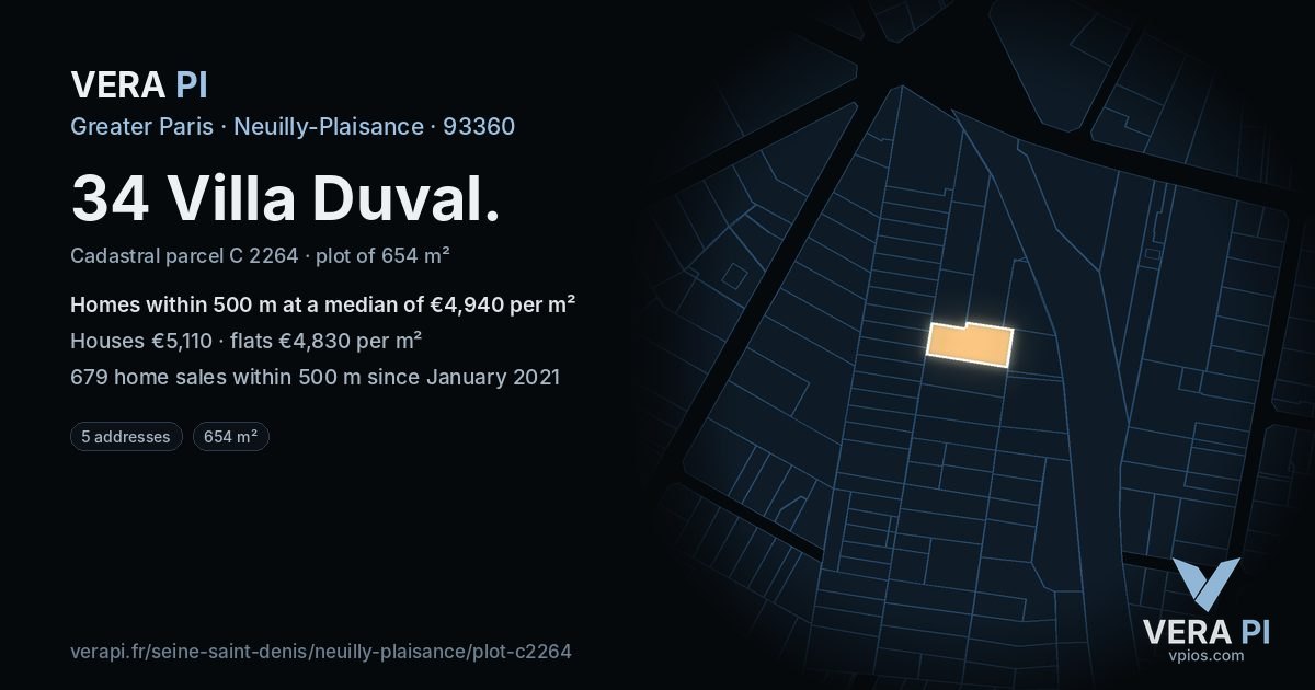 34 Villa Duval, Neuilly-Plaisance at night – the plot lit, the parcels around coloured by the prices near them