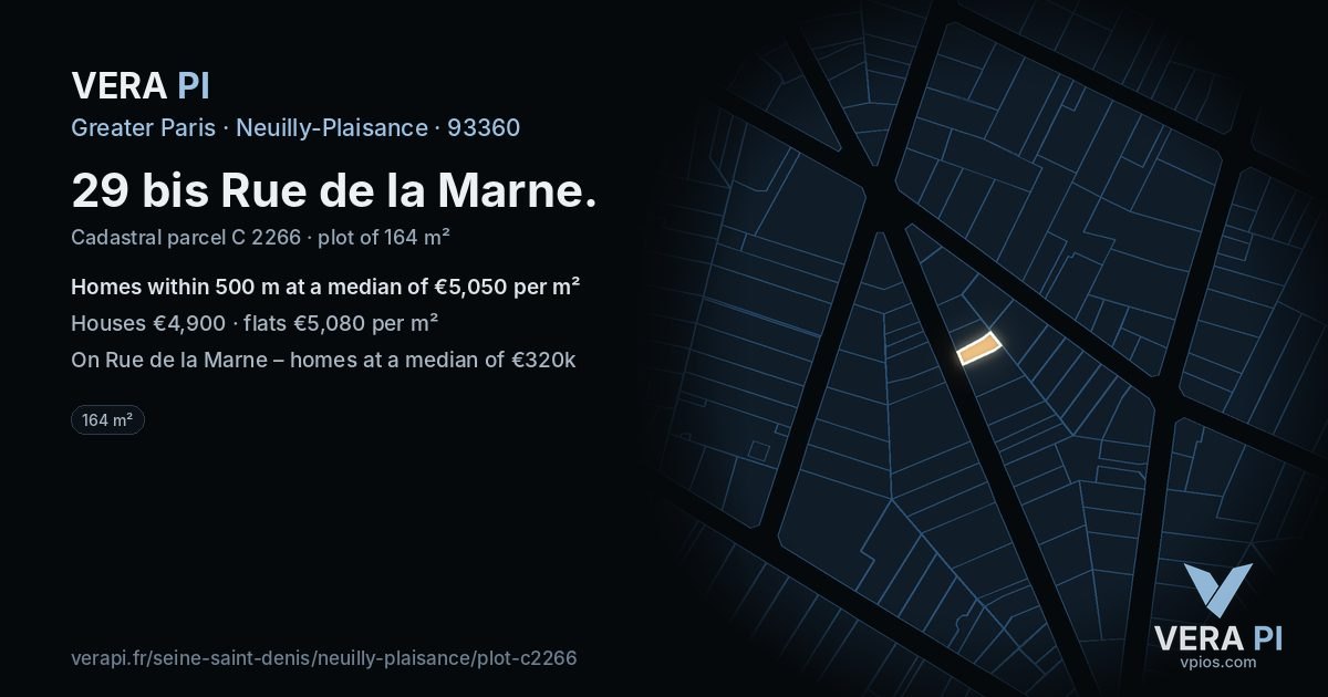 29 bis Rue de la Marne, Neuilly-Plaisance at night – the plot lit, the parcels around coloured by the prices near them