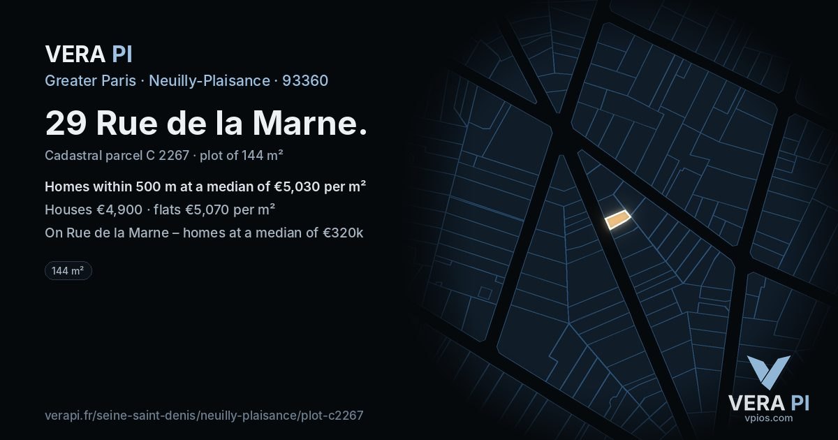 29 Rue de la Marne, Neuilly-Plaisance at night – the plot lit, the parcels around coloured by the prices near them