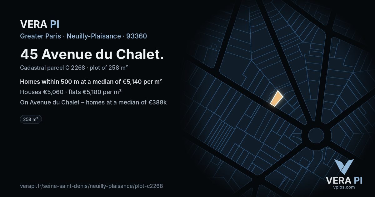 45 Avenue du Chalet, Neuilly-Plaisance at night – the plot lit, the parcels around coloured by the prices near them