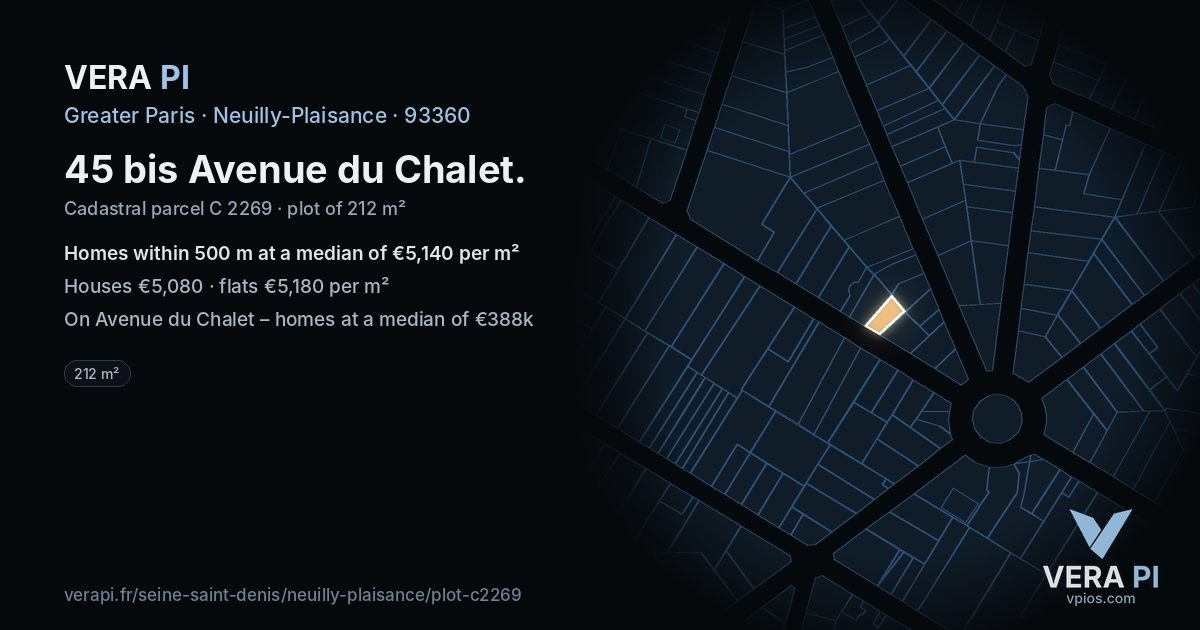 45 bis Avenue du Chalet, Neuilly-Plaisance at night – the plot lit, the parcels around coloured by the prices near them