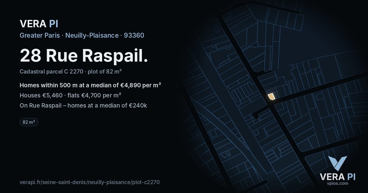 28 Rue Raspail, Neuilly-Plaisance at night – the plot lit, the parcels around coloured by the prices near them