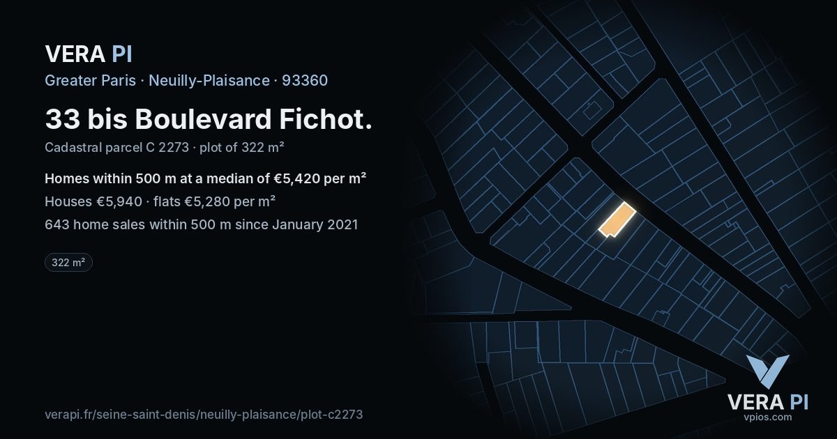 33 bis Boulevard Fichot, Neuilly-Plaisance at night – the plot lit, the parcels around coloured by the prices near them