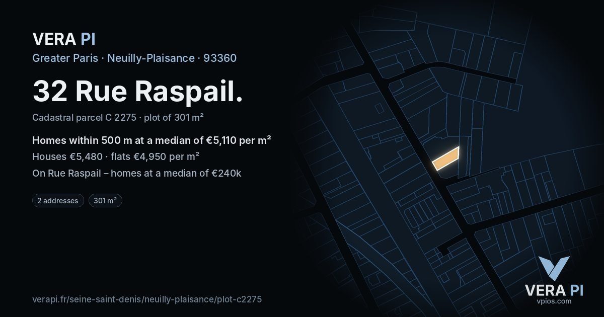 32 Rue Raspail, Neuilly-Plaisance at night – the plot lit, the parcels around coloured by the prices near them