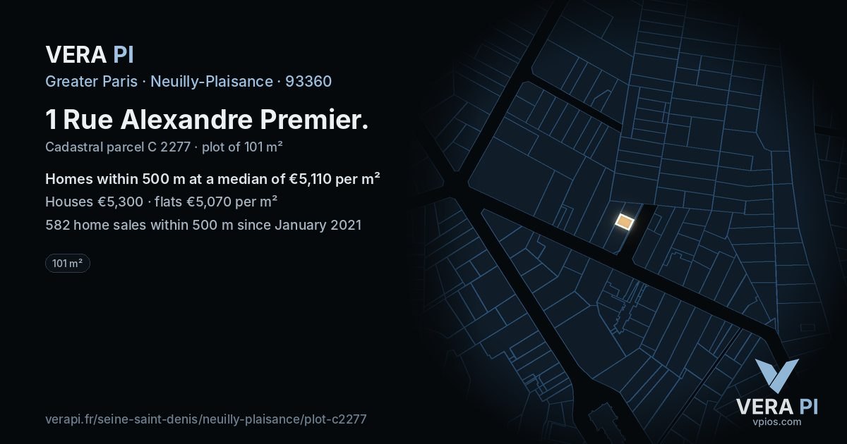 1 Rue Alexandre Premier, Neuilly-Plaisance at night – the plot lit, the parcels around coloured by the prices near them