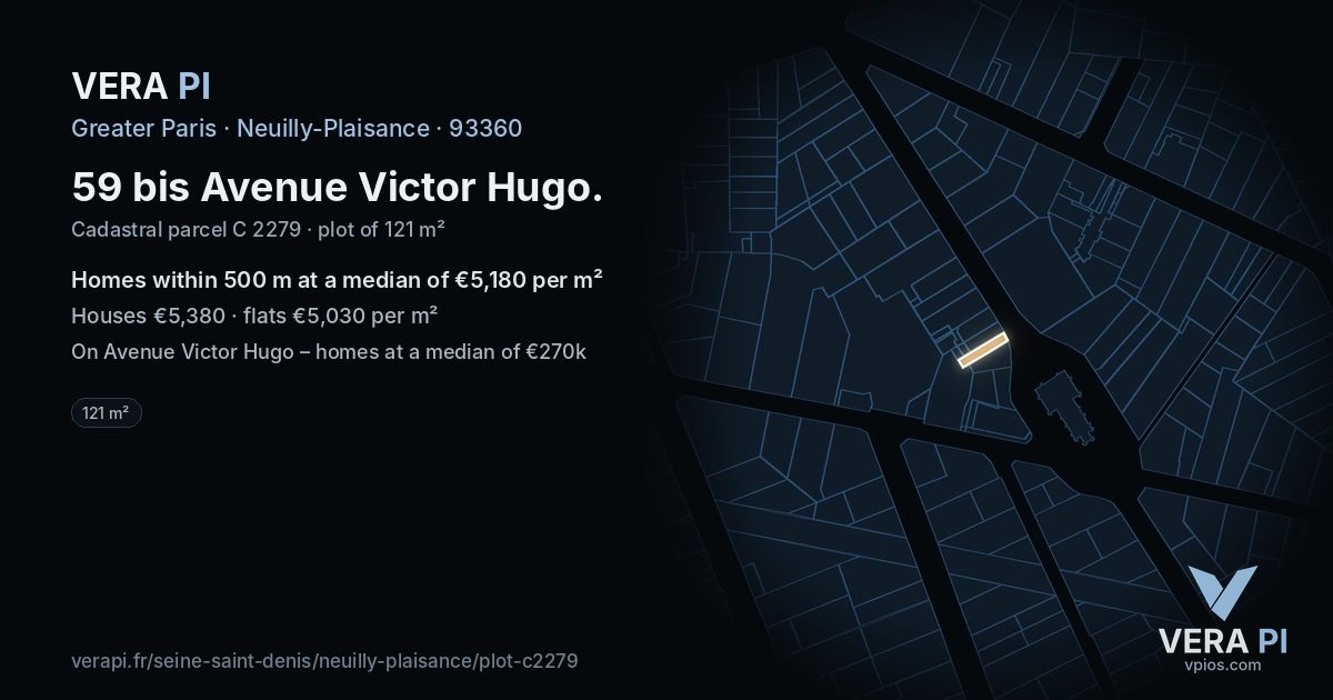 59 bis Avenue Victor Hugo, Neuilly-Plaisance at night – the plot lit, the parcels around coloured by the prices near them