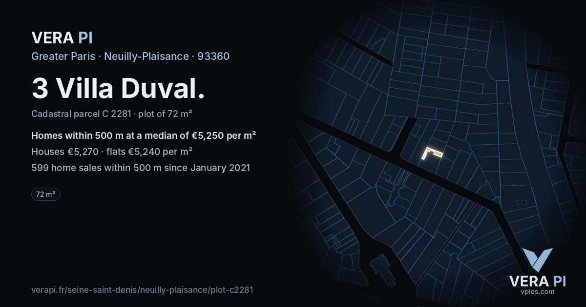3 Villa Duval, Neuilly-Plaisance at night – the plot lit, the parcels around coloured by the prices near them