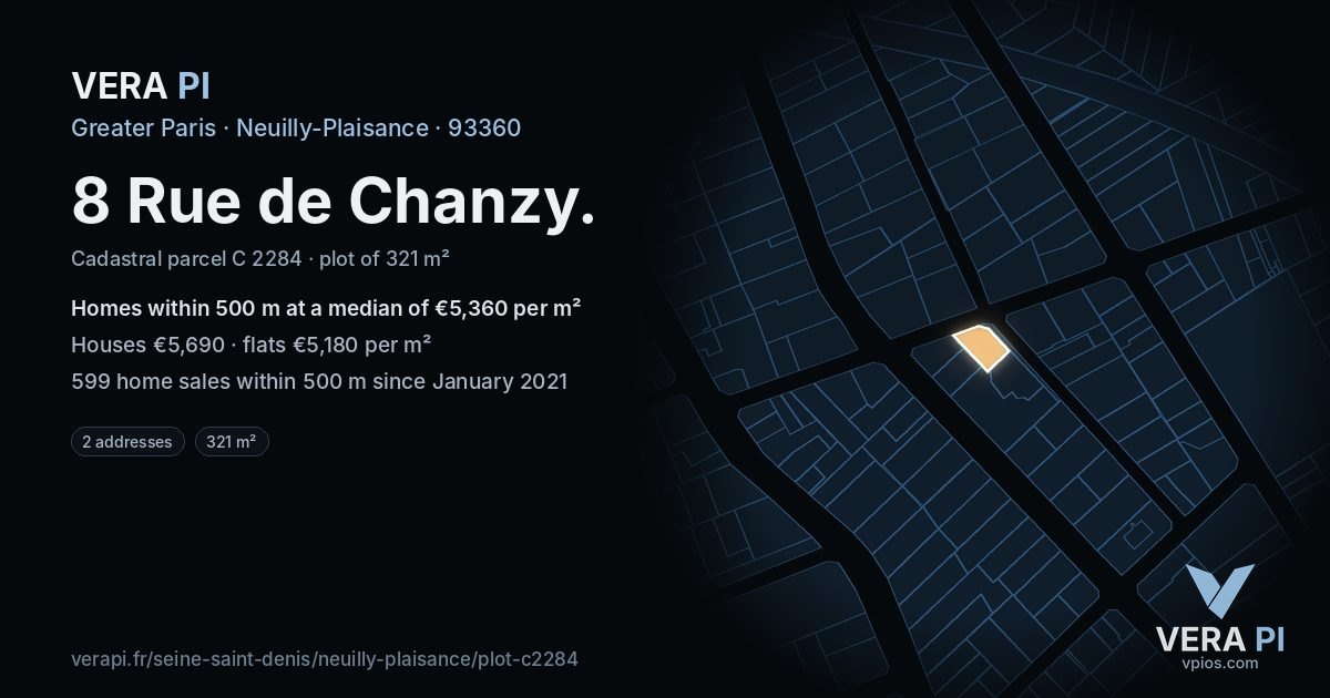 8 Rue de Chanzy, Neuilly-Plaisance at night – the plot lit, the parcels around coloured by the prices near them