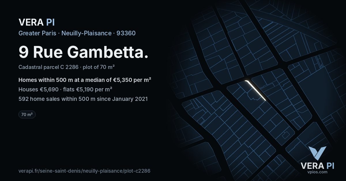 9 Rue Gambetta, Neuilly-Plaisance at night – the plot lit, the parcels around coloured by the prices near them