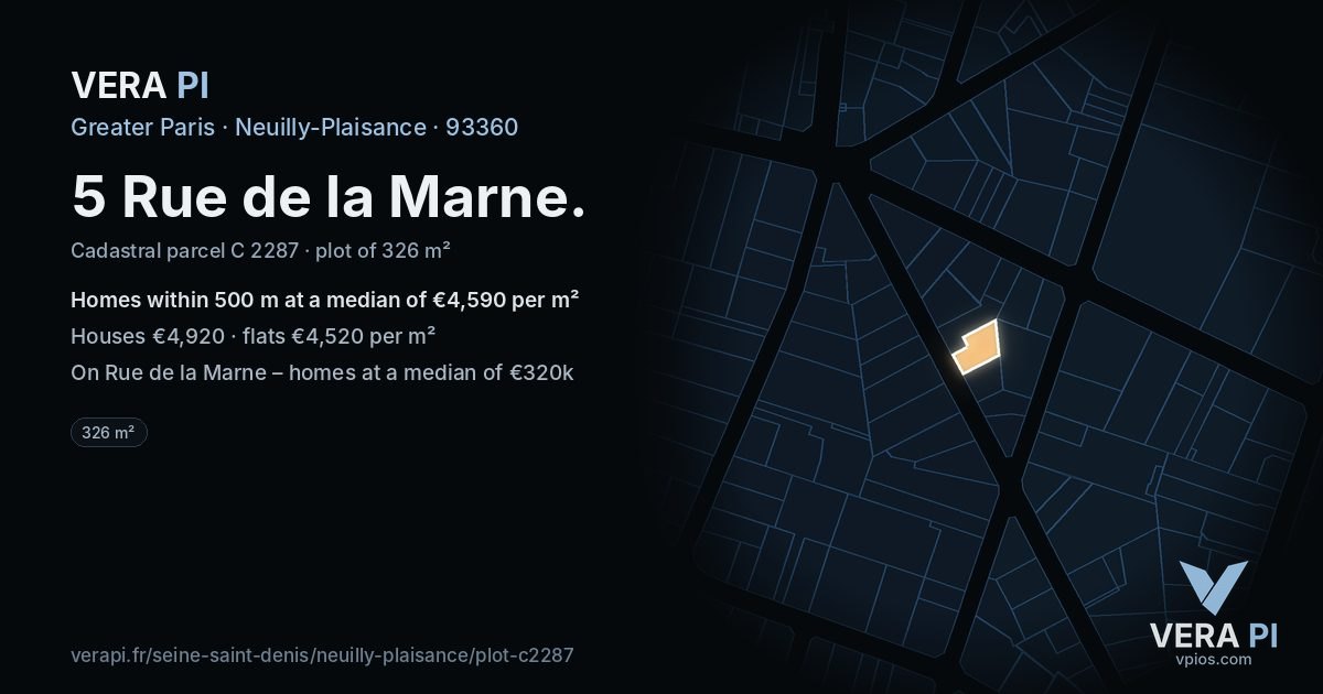 5 Rue de la Marne, Neuilly-Plaisance at night – the plot lit, the parcels around coloured by the prices near them