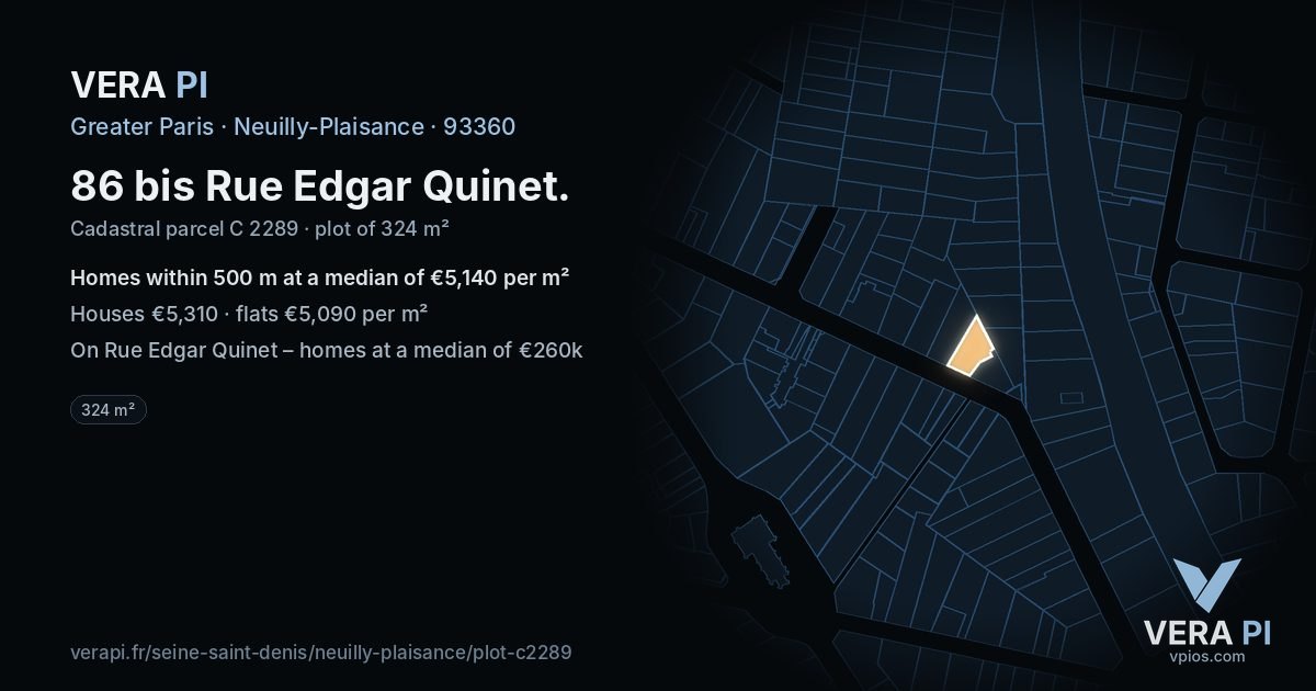 86 bis Rue Edgar Quinet, Neuilly-Plaisance at night – the plot lit, the parcels around coloured by the prices near them