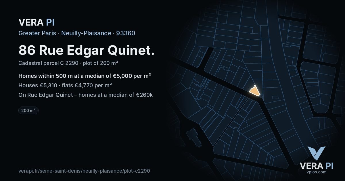 86 Rue Edgar Quinet, Neuilly-Plaisance at night – the plot lit, the parcels around coloured by the prices near them