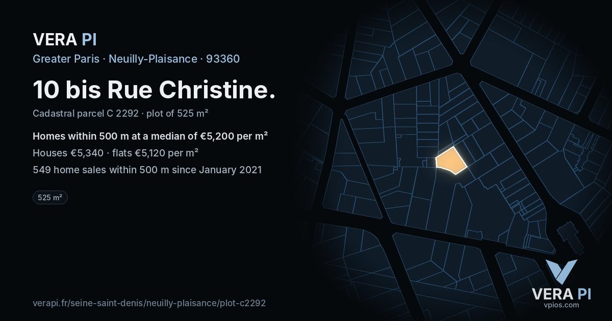 10 bis Rue Christine, Neuilly-Plaisance at night – the plot lit, the parcels around coloured by the prices near them
