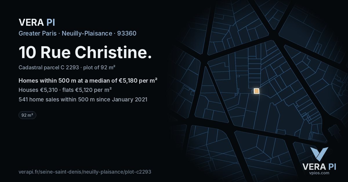 10 Rue Christine, Neuilly-Plaisance at night – the plot lit, the parcels around coloured by the prices near them