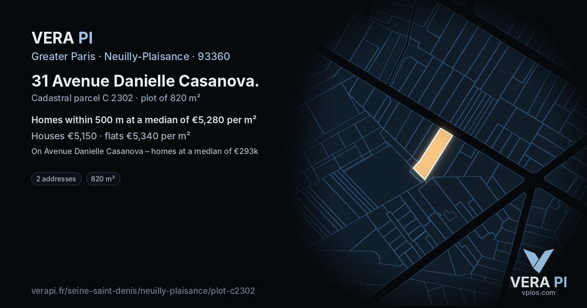 31 Avenue Danielle Casanova, Neuilly-Plaisance at night – the plot lit, the parcels around coloured by the prices near them