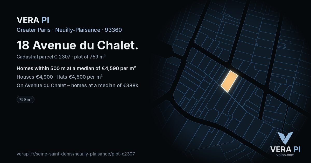 18 Avenue du Chalet, Neuilly-Plaisance at night – the plot lit, the parcels around coloured by the prices near them