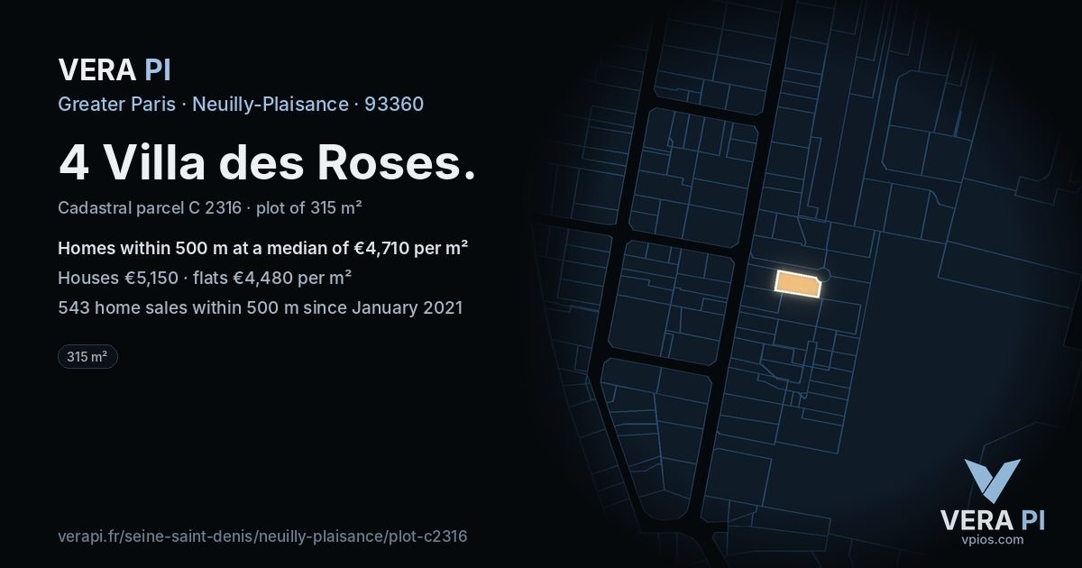 4 Villa des Roses, Neuilly-Plaisance at night – the plot lit, the parcels around coloured by the prices near them