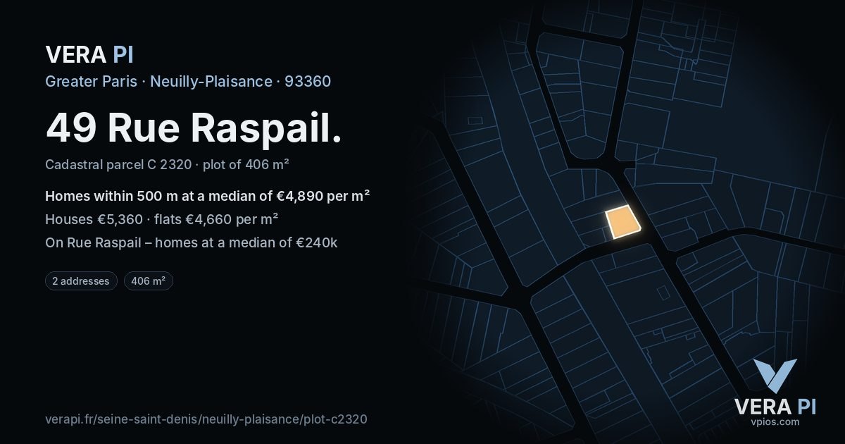 49 Rue Raspail, Neuilly-Plaisance at night – the plot lit, the parcels around coloured by the prices near them