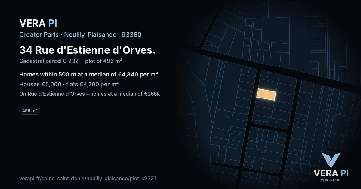 34 Rue d'Estienne d'Orves, Neuilly-Plaisance at night – the plot lit, the parcels around coloured by the prices near them