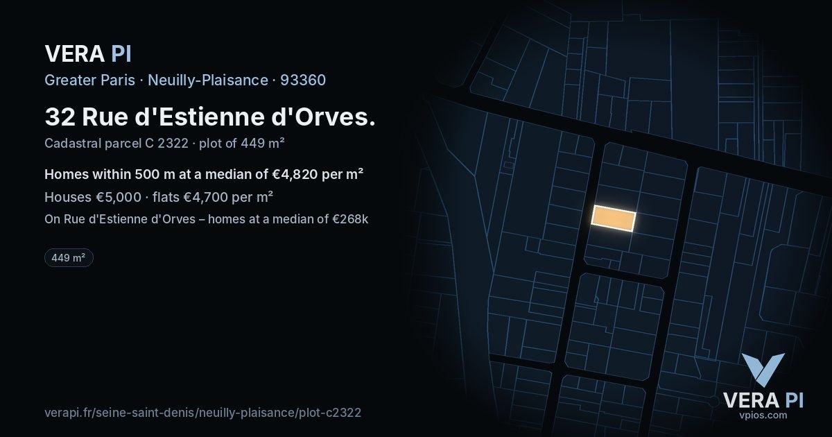 32 Rue d'Estienne d'Orves, Neuilly-Plaisance at night – the plot lit, the parcels around coloured by the prices near them
