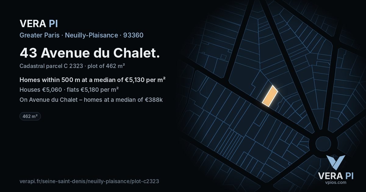 43 Avenue du Chalet, Neuilly-Plaisance at night – the plot lit, the parcels around coloured by the prices near them