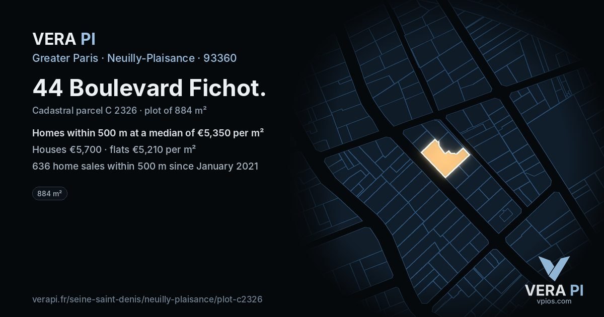 44 Boulevard Fichot, Neuilly-Plaisance at night – the plot lit, the parcels around coloured by the prices near them