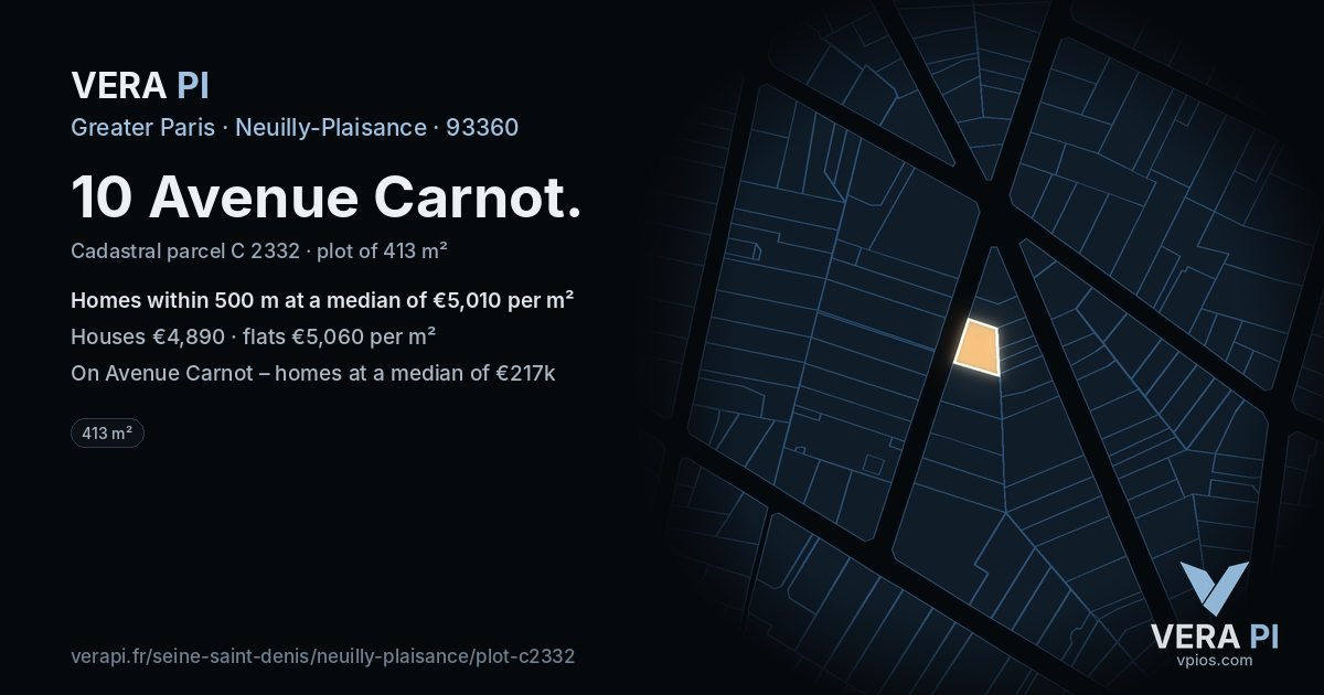 10 Avenue Carnot, Neuilly-Plaisance at night – the plot lit, the parcels around coloured by the prices near them
