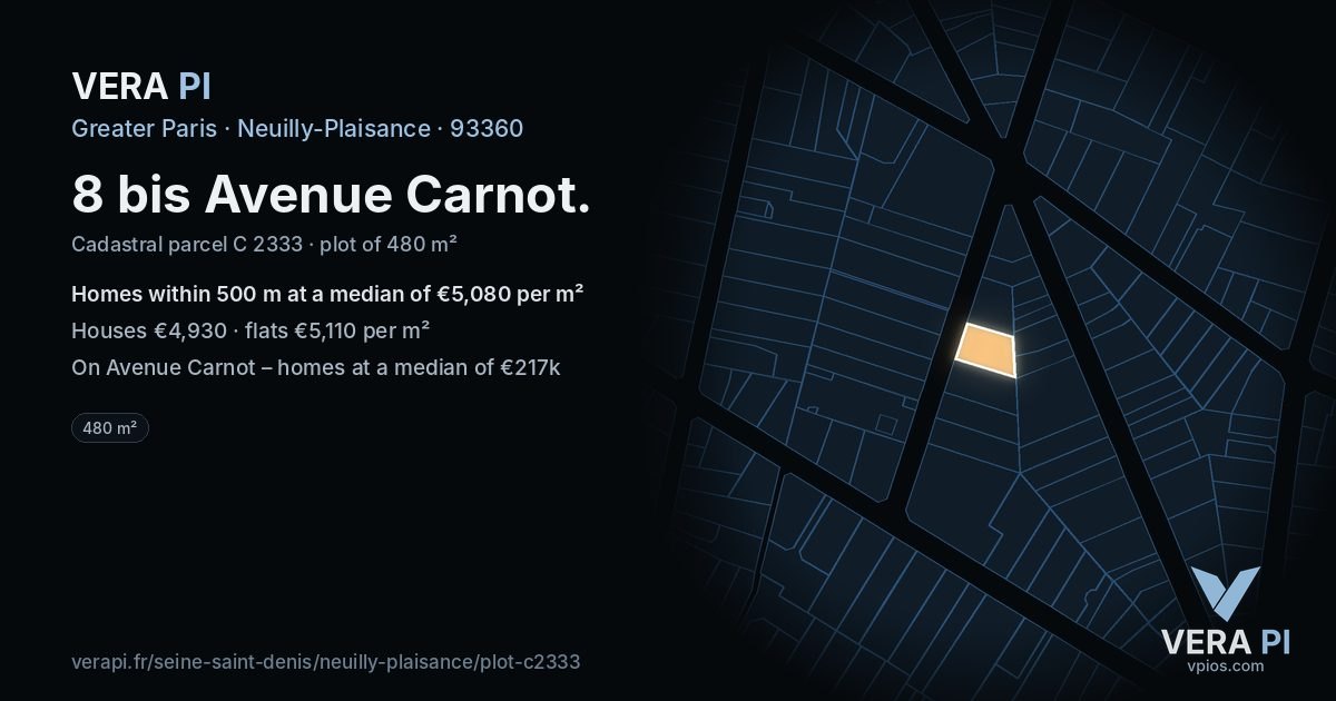 8 bis Avenue Carnot, Neuilly-Plaisance at night – the plot lit, the parcels around coloured by the prices near them