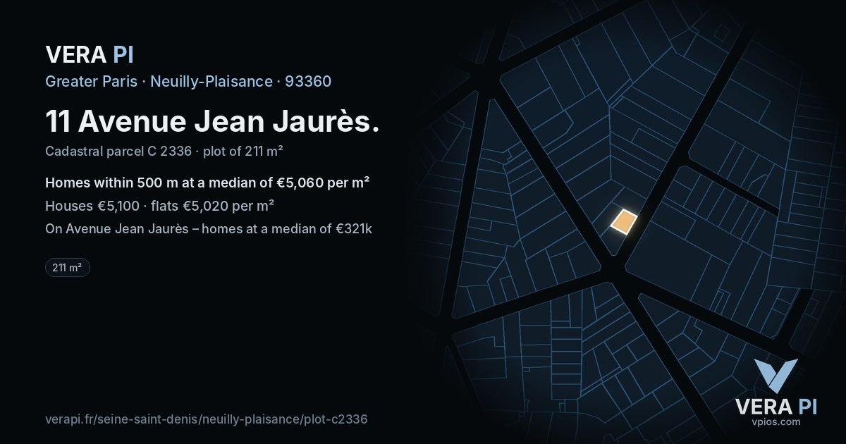 11 Avenue Jean Jaurès, Neuilly-Plaisance at night – the plot lit, the parcels around coloured by the prices near them
