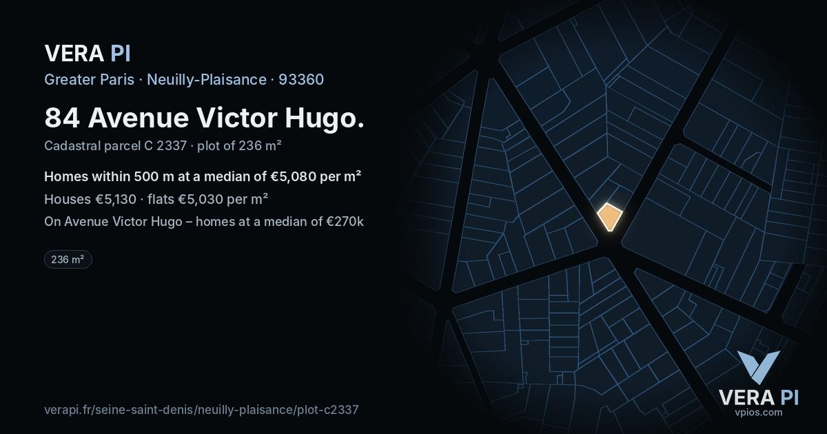 84 Avenue Victor Hugo, Neuilly-Plaisance at night – the plot lit, the parcels around coloured by the prices near them