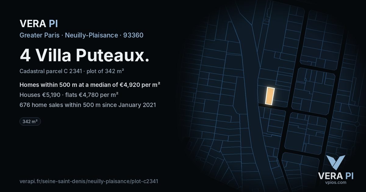 4 Villa Puteaux, Neuilly-Plaisance at night – the plot lit, the parcels around coloured by the prices near them